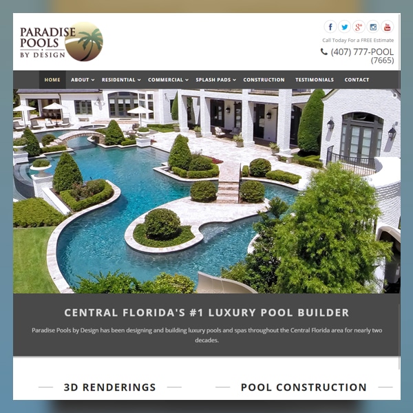 Thumbnail view of Paradise Pools by Design website design.