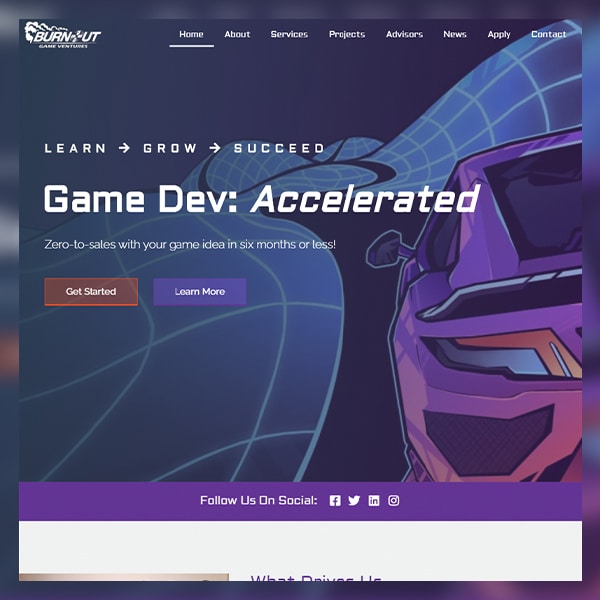 Thumbnail view of Burnout Game Venture website design.