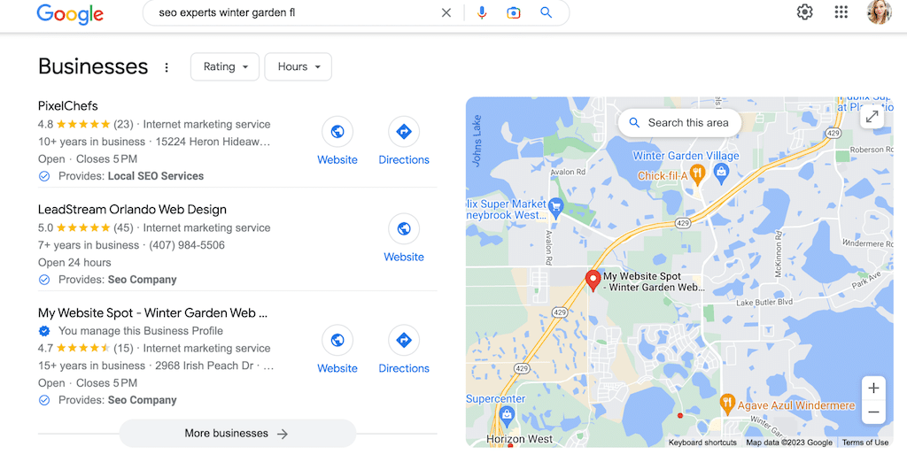 Screen shot of a google search for SEO experts in Winter Park